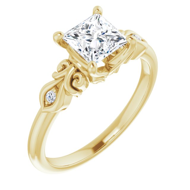 10K Yellow Gold Customizable 3-stone Princess/Square Cut Design with Small Round Accents and Filigree