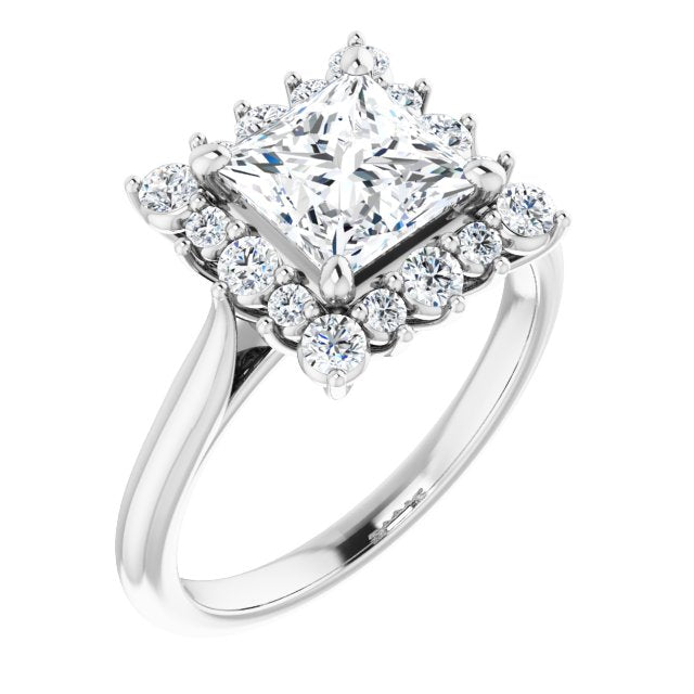 10K White Gold Customizable Crown-Cathedral Princess/Square Cut Design with Clustered Large-Accent Halo & Ultra-thin Band