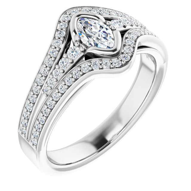 10K White Gold Customizable Cathedral-Bezel Marquise Cut Design with Wide Triple-Split-Pavé Band