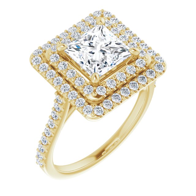 10K Yellow Gold Customizable Double-Halo Princess/Square Cut Design with Accented Split Band