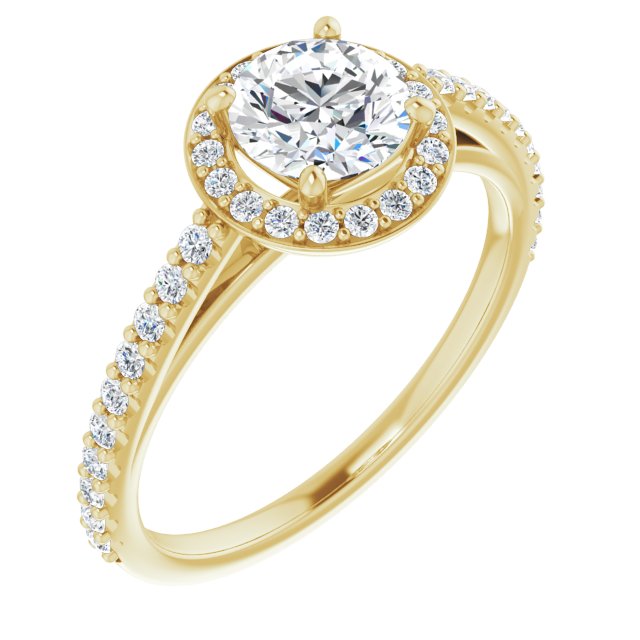10K Yellow Gold Customizable Round Cut Design with Halo and Thin Pavé Band