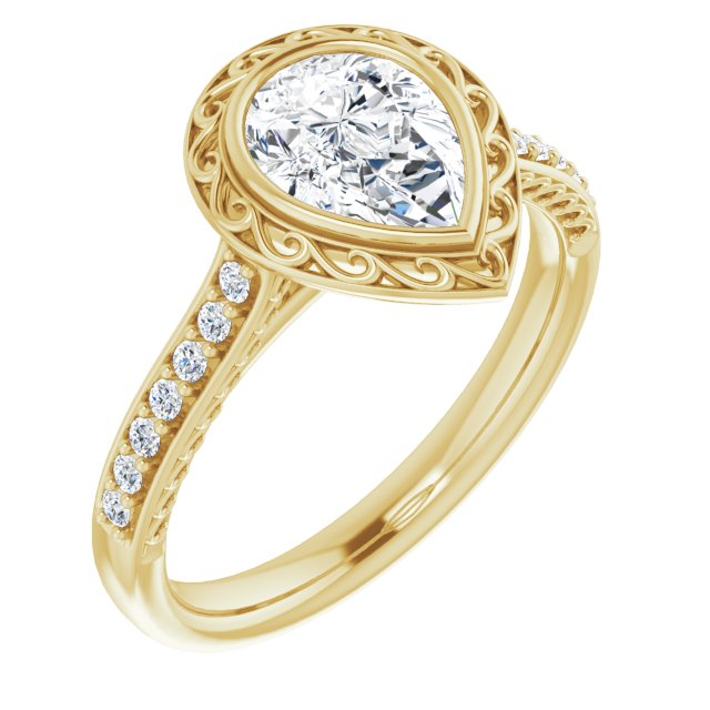 10K Yellow Gold Customizable Cathedral-Bezel Pear Cut Design featuring Accented Band with Filigree Inlay