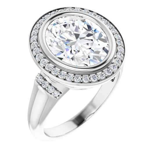 10K White Gold Customizable Bezel-set Oval Cut Design with Halo and Vertical Round Channel Accents