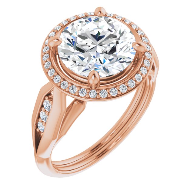 18K Rose Gold Customizable Cathedral-raised Round Cut Design with Halo and Tri-Cluster Band Accents