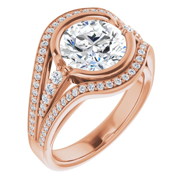 18K Rose Gold Customizable Cathedral-Bezel Round Cut Design with Wide Triple-Split-Pavé Band