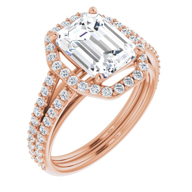 10K Rose Gold Customizable Cathedral Emerald/Radiant Cut Design with Geometric Halo & Split Pavé Band