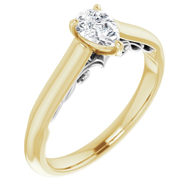 14K Yellow & White Gold Customizable Pear Cut Cathedral Solitaire with Two-Tone Option Decorative Trellis 'Down Under'