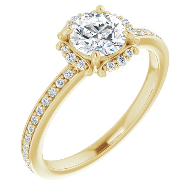 10K Yellow Gold Customizable Round Cut Style with Halo and Thin Shared Prong Band