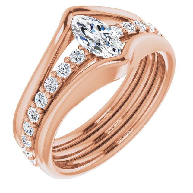 10K Rose Gold Customizable Bezel-set Marquise Cut Style with Thick Pavé Band