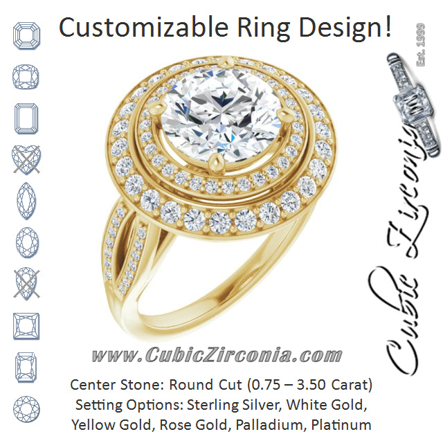 Cubic Zirconia Engagement Ring- The Henrika (Customizable Cathedral-style Round Cut Design with Double Halo & Split-Pavé Band)