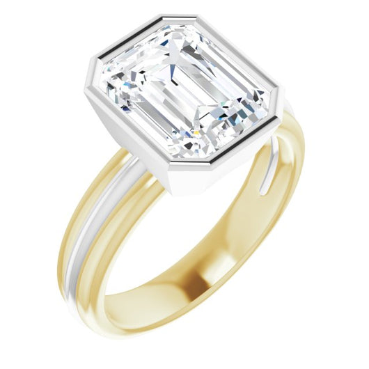 14K Yellow & White Gold Customizable Bezel-set Emerald/Radiant Cut Solitaire with Grooved Band