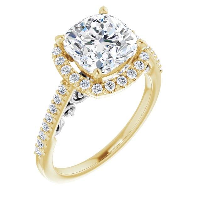 14K Yellow & White Gold Customizable Cathedral-Halo Cushion Cut Design with Carved Metal Accent plus Pavé Band
