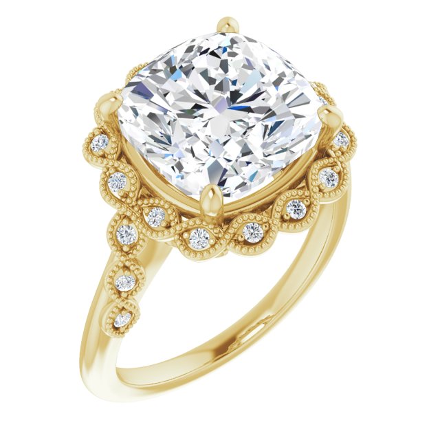 10K Yellow Gold Customizable 3-stone Design with Cushion Cut Center and Halo Enhancement