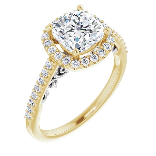14K Yellow & White Gold Customizable Cathedral-Halo Cushion Cut Design with Carved Metal Accent plus Pavé Band
