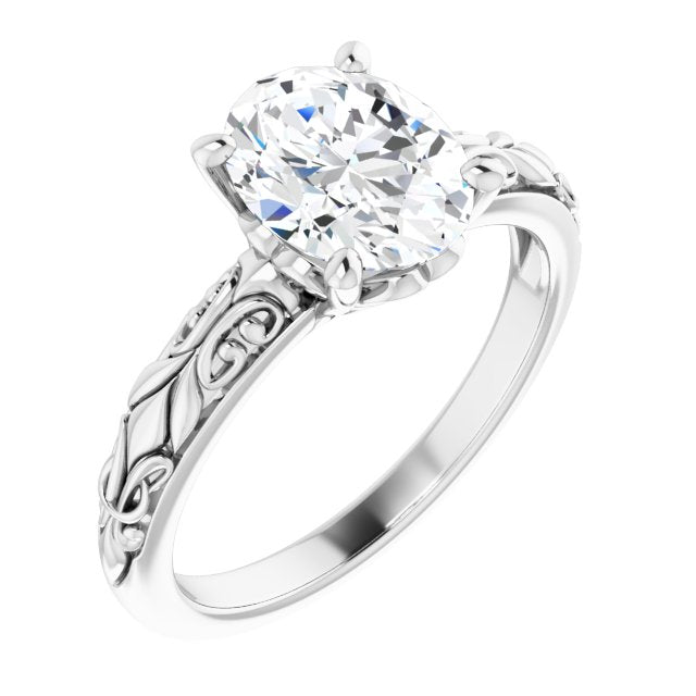 10K White Gold Customizable Oval Cut Solitaire featuring Delicate Metal Scrollwork