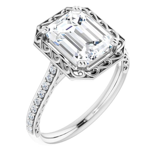 10K White Gold Customizable Emerald/Radiant Cut Halo Design with Filigree and Accented Band