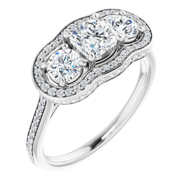 10K White Gold Customizable 3-stone Cushion Cut Design with Multi-Halo Enhancement and 150+-stone Pavé Band