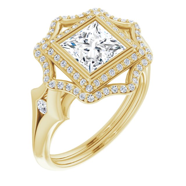 10K Yellow Gold Customizable Cathedral-bezel Princess/Square Cut Design with Floral Double Halo and Channel-Accented Split Band