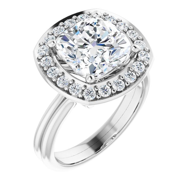10K White Gold Customizable Cluster-Halo Accented Cushion Cut Style with Tapered Dual Band