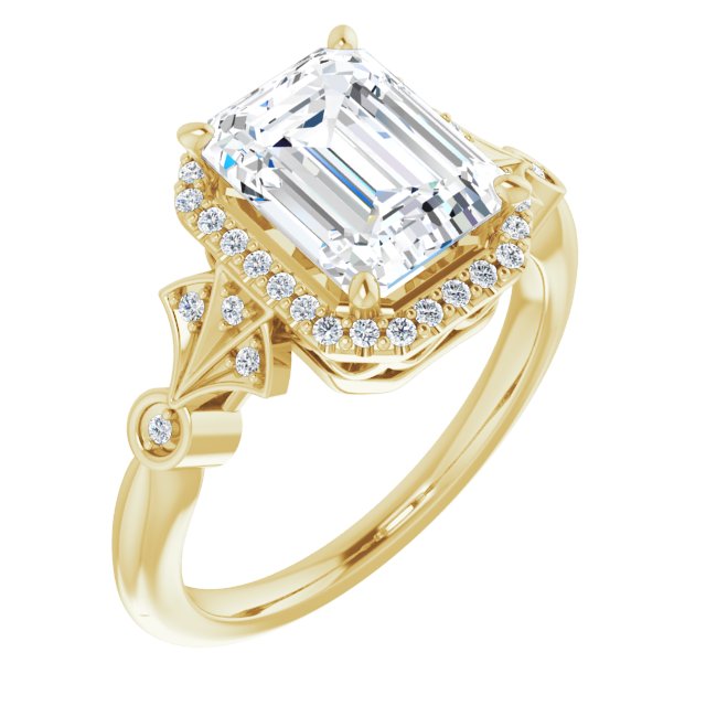 10K Yellow Gold Customizable Cathedral-Crown Emerald/Radiant Cut Design with Halo and Scalloped Side Stones
