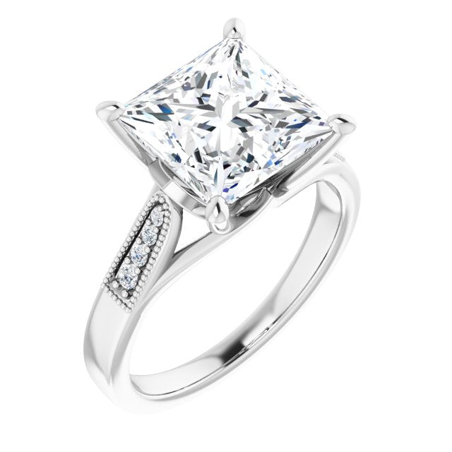 10K White Gold Customizable 9-stone Vintage Design with Princess/Square Cut Center and Round Band Accents