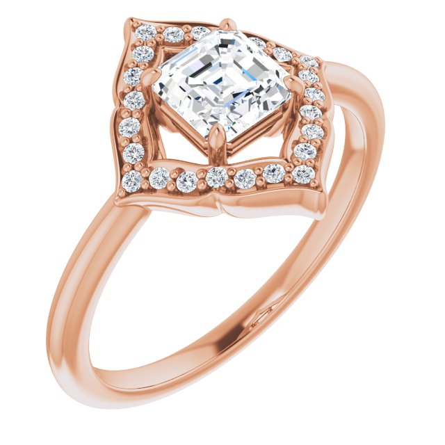 10K Rose Gold Customizable Asscher Cut Style with Artistic Equilateral Halo and Ultra-thin Band