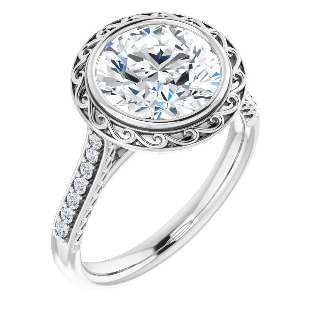 14K White Gold Customizable Cathedral-Bezel Round Cut Design featuring Accented Band with Filigree Inlay