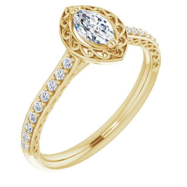 10K Yellow Gold Customizable Marquise Cut Halo Design with Filigree and Accented Band