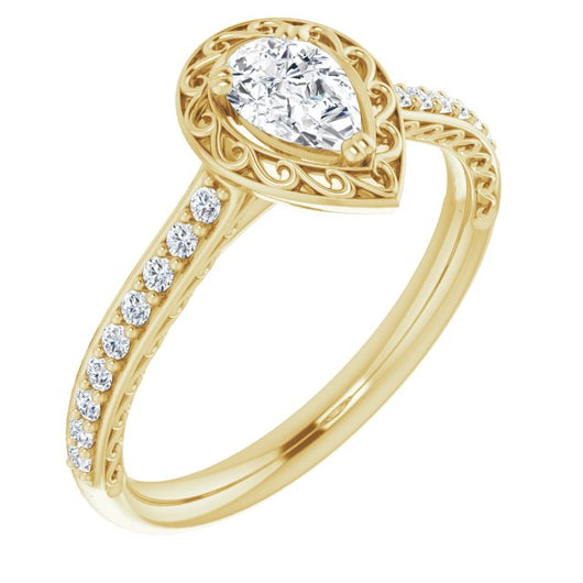 10K Yellow Gold Customizable Pear Cut Halo Design with Filigree and Accented Band