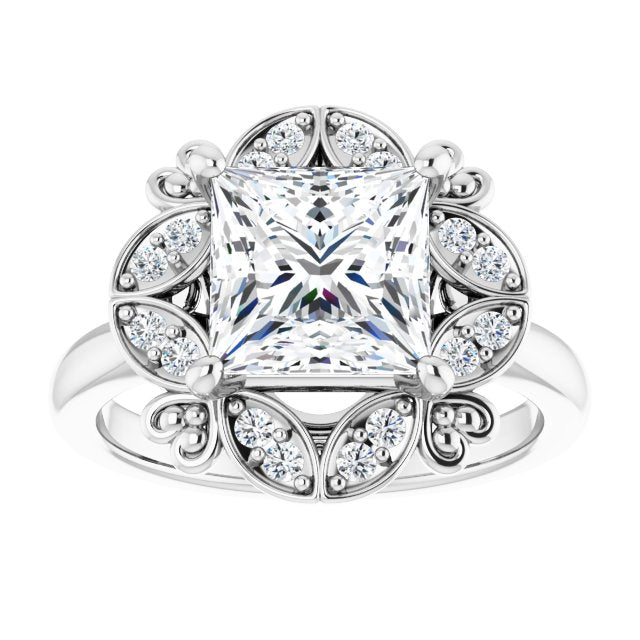 Cubic Zirconia Engagement Ring- The Hé Zhang (Customizable Princess/Square Cut Design with Floral Segmented Halo & Sculptural Basket)