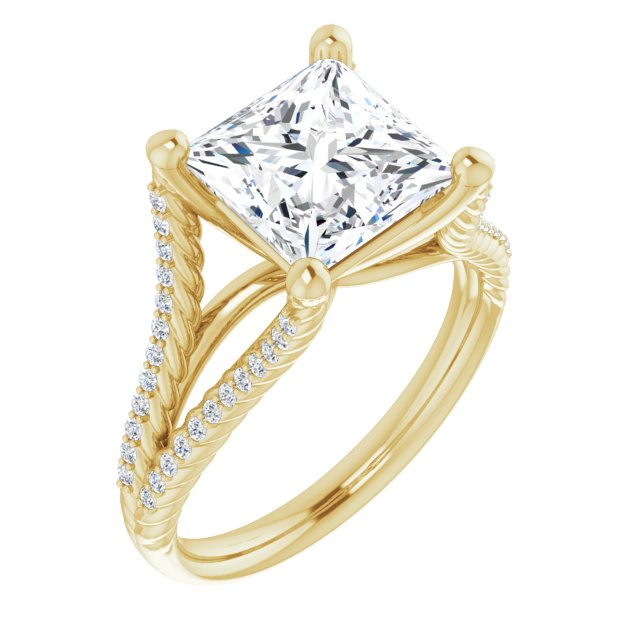 10K Yellow Gold Customizable Princess/Square Cut Style with Split Band and Rope-Pavé