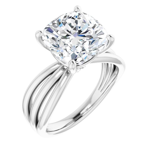 10K White Gold Customizable Cushion Cut Solitaire Design with Wide, Ribboned Split-band