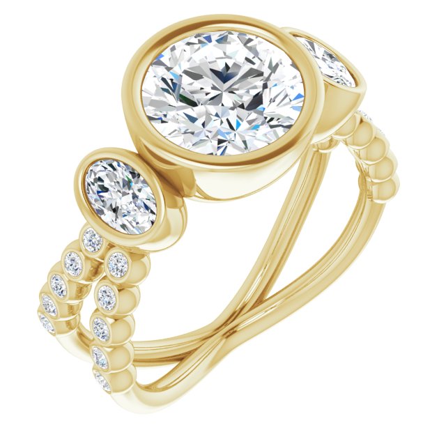 18K Yellow Gold Customizable Bezel-set Round Cut Design with Dual Bezel-Oval Accents and Round-Bezel Accented Split Band