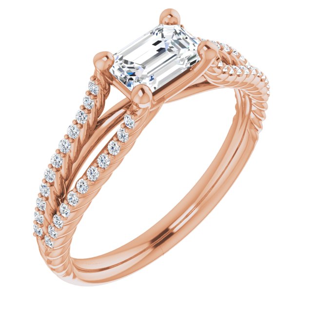 10K Rose Gold Customizable Emerald/Radiant Cut Style with Split Band and Rope-Pavé