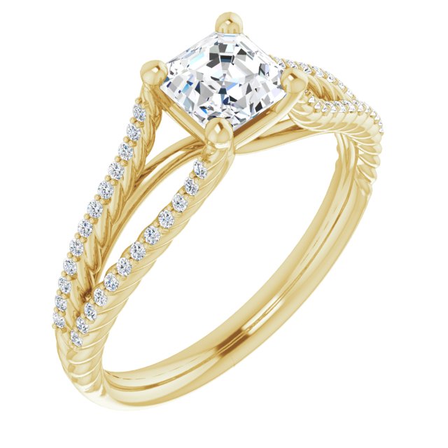 10K Yellow Gold Customizable Asscher Cut Style with Split Band and Rope-Pavé