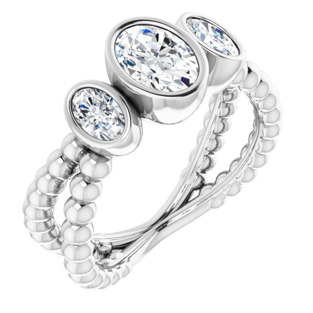 10K White Gold Customizable 3-stone Oval Cut Design with 2 Oval Cut Side Stones and Wide, Bubble-Bead Split-Band