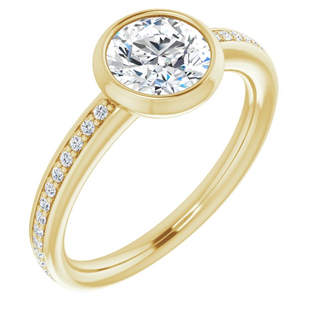 10K Yellow Gold Customizable Bezel-Set Round Cut Center with Thin Shared Prong Band