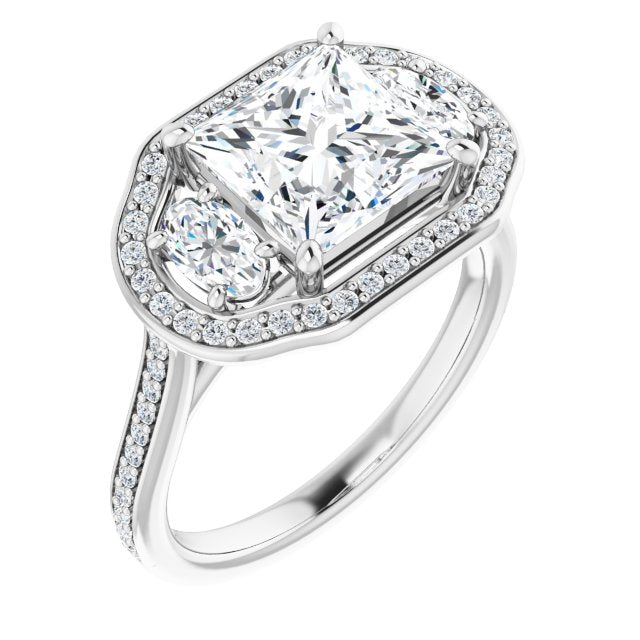 Cubic Zirconia Engagement Ring- The Dulce (Customizable Princess/Square Cut Style with Oval Cut Accents, 3-stone Halo & Thin Shared Prong Band)