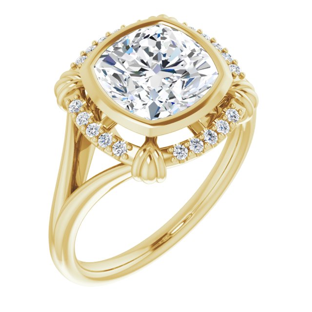 10K Yellow Gold Customizable Cushion Cut Design with Split Band and "Lion's Mane" Halo