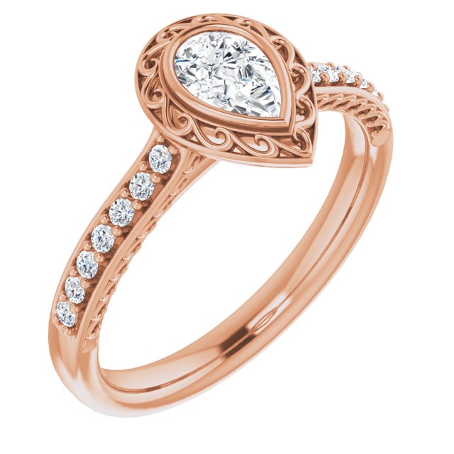10K Rose Gold Customizable Cathedral-Bezel Pear Cut Design featuring Accented Band with Filigree Inlay