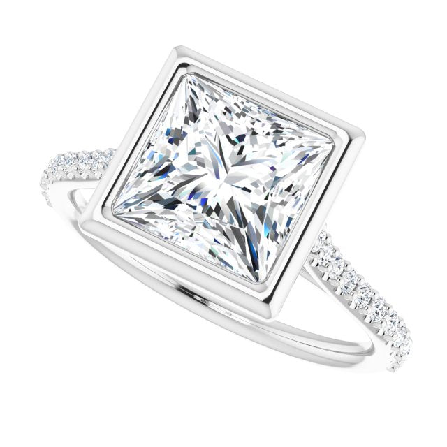 Cubic Zirconia Engagement Ring- The Careena (Customizable Bezel-set Princess/Square Cut Style with Ultra-thin Pavé-Accented Band)