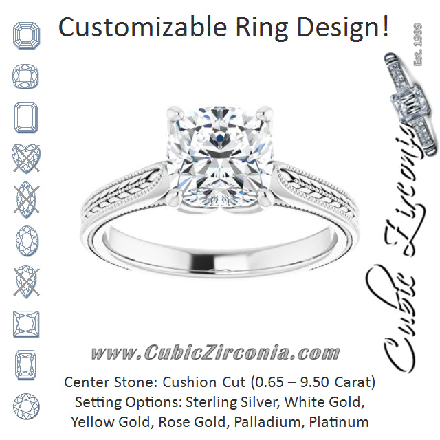 Cubic Zirconia Engagement Ring- The Dulcia (Customizable Cushion Cut Solitaire with Wheat-inspired Band)