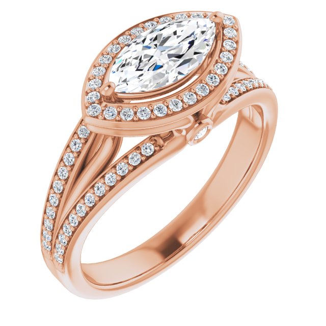 10K Rose Gold Customizable High-set Marquise Cut Design with Halo, Wide Tri-Split Shared Prong Band and Round Bezel Peekaboo Accents