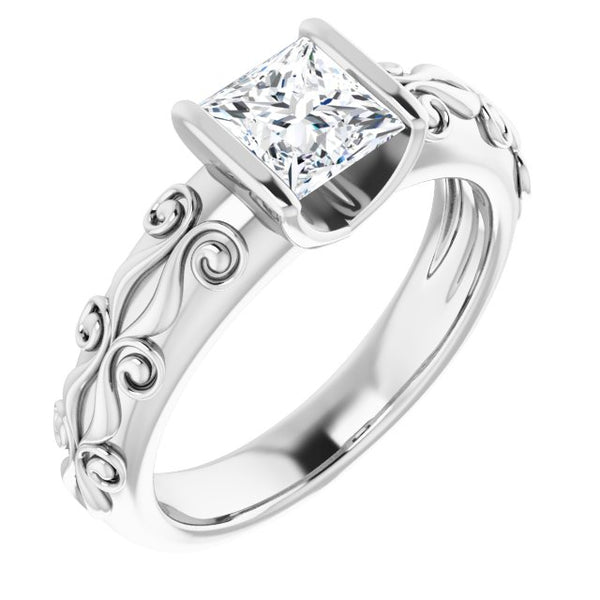 10K White Gold Customizable Bar-set Princess/Square Cut Setting featuring Organic Band