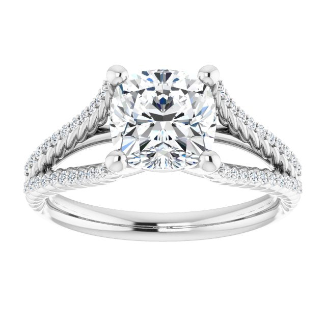 Cubic Zirconia Engagement Ring- The Contessa (Customizable Cushion Cut Style with Split Band and Rope-Pavé)