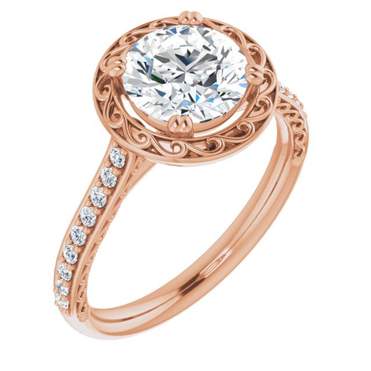 10K Rose Gold Customizable Round Cut Halo Design with Filigree and Accented Band