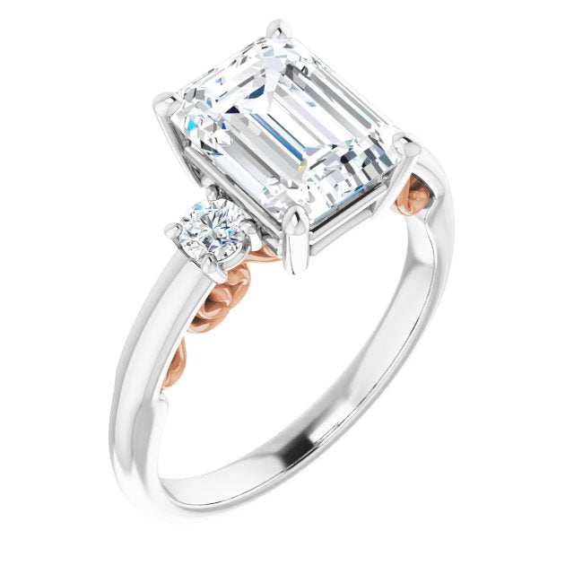 14K White & Rose Gold Customizable Emerald/Radiant Cut 3-stone Style featuring Heart-Motif Band Enhancement