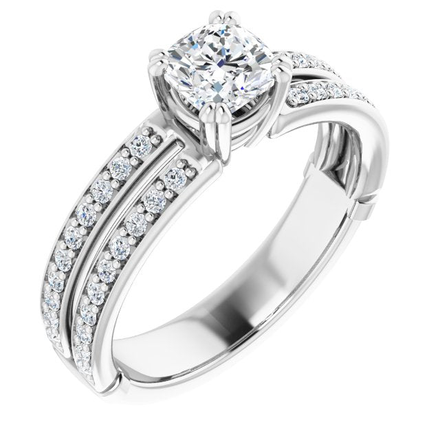 10K White Gold Customizable Cushion Cut Design featuring Split Band with Accents