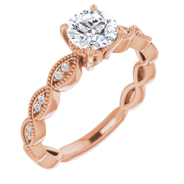 10K Rose Gold Customizable Round Cut Artisan Design with Scalloped, Round-Accented Band and Milgrain Detail