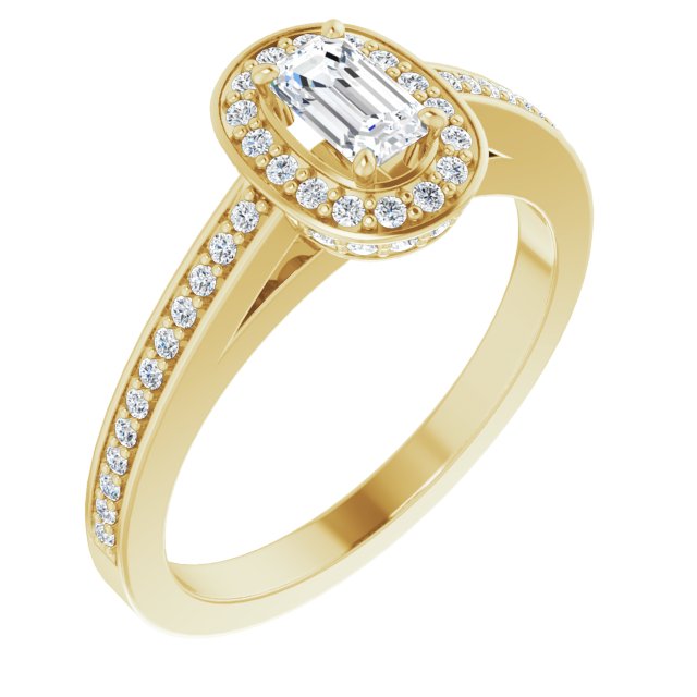 10K Yellow Gold Customizable Cathedral-set Emerald/Radiant Cut Design with Halo, Thin Pavé Band & Round-Bezel Peekaboos